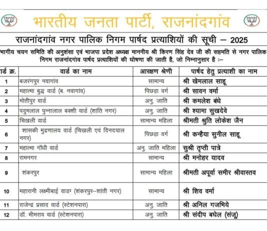 राजनांदगांव नगर निगम के सभी 51 वार्डों में अपने प्रत्याशियों का किया ऐलान, देखें पूरी लिस्ट…