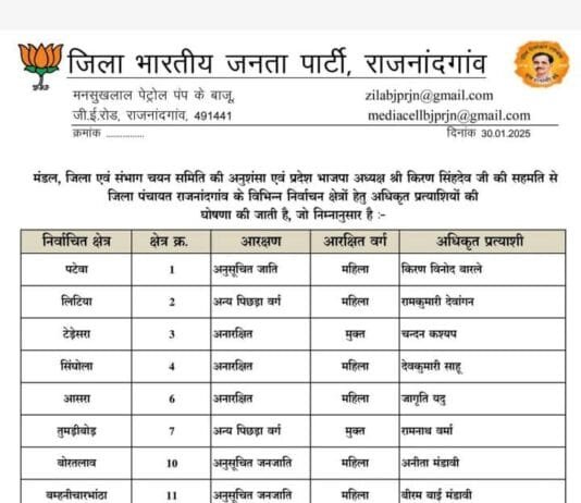 राजनांदगांव: जिला पंचायत राजनांदगांव के निर्वाचन क्षेत्र के भाजपा ने जारी की प्रत्याशियों की सूची…