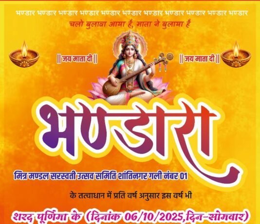 राजनांदगांव: मित्र मंडल सरस्वती उत्सव समिति शांतिनगर द्वारा 6 अक्टूबर को महाप्रसादी भंडारे का आयोजन…