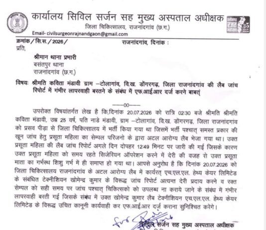 राजनांदगांव:लेब जांच रिपोर्ट में गंभीर लापरवाही, सिविल सर्जन ने एफआईआर दर्ज कराने के दिए निर्देश…