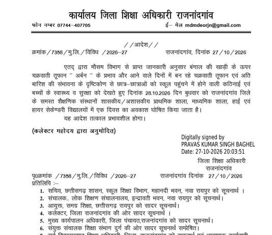 चक्रवाती तूफान ‘अर्बन’ के प्रभाव की आशंका, राजनांदगांव जिले में 28 अक्टूबर को स्कूलों में अवकाश…